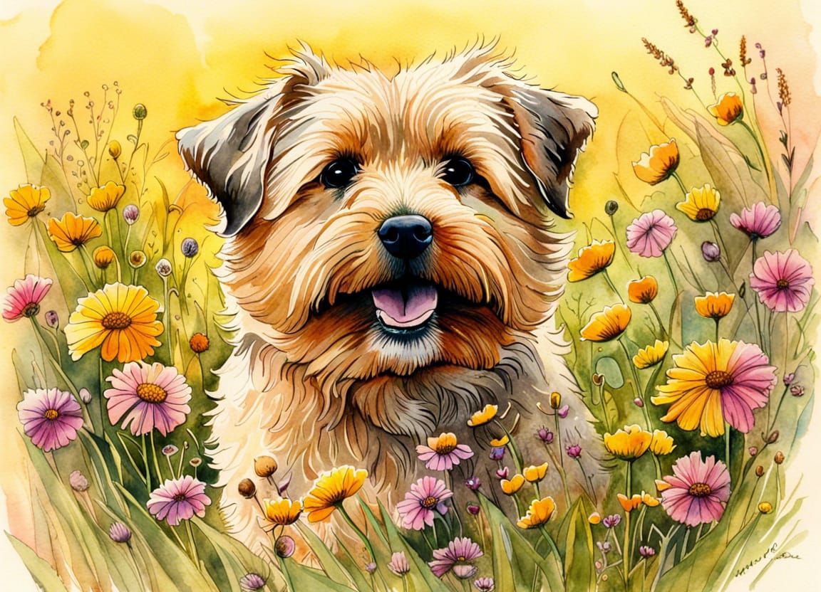 Happy Norfolk Terrier in Sunny Meadow: Watercolor and Ink