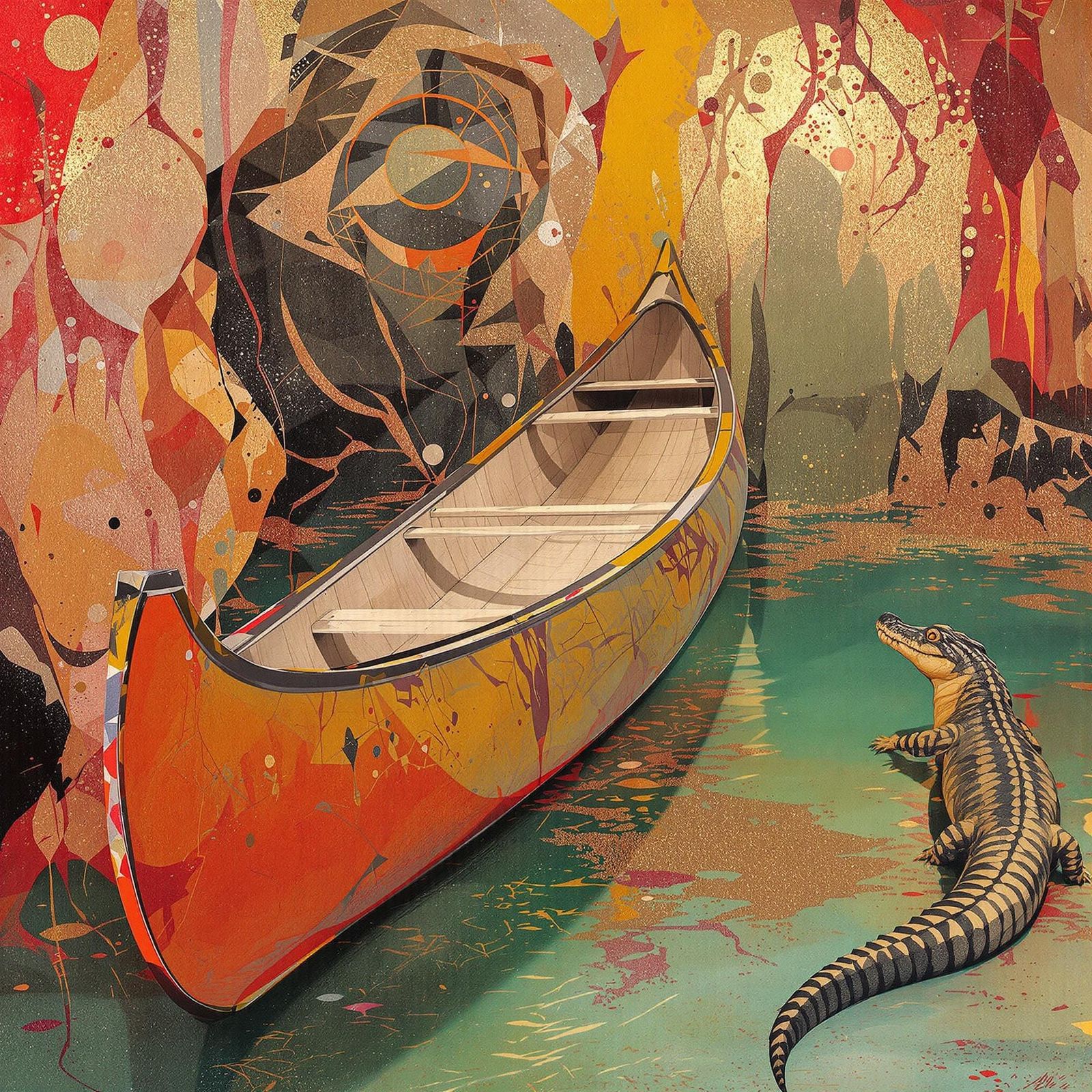 Fantasy Canoe Scene with Crocodile in Warm, Vibrant Colors