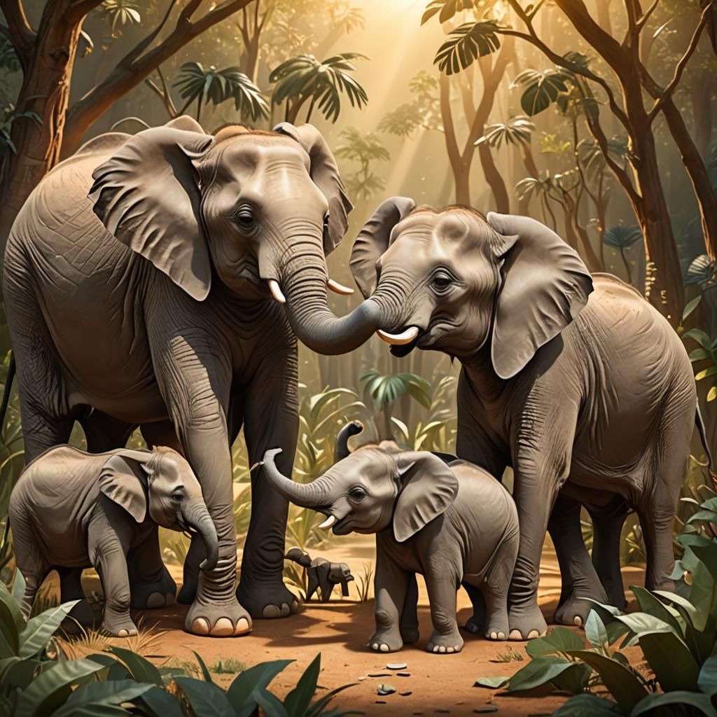 Baby Elephant and Mother in Jungle, 3D Illustration