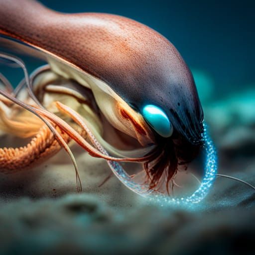 Bioluminescent Squid in Deep Dark Water