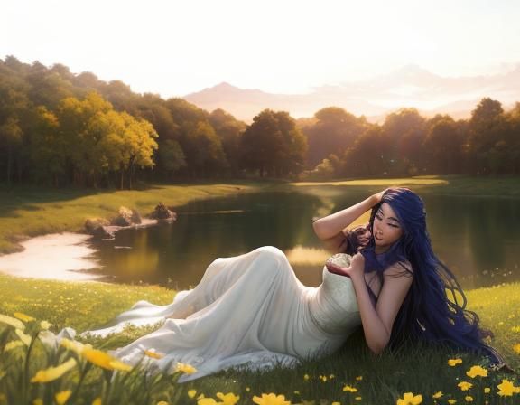 Girl and Horse in Lush Meadow: Oil Painting