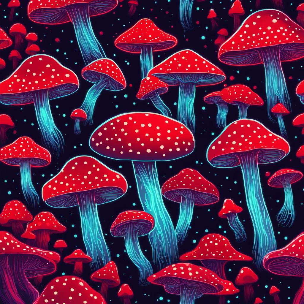 Retro Neon Synthwave Red Mushrooms with Spots