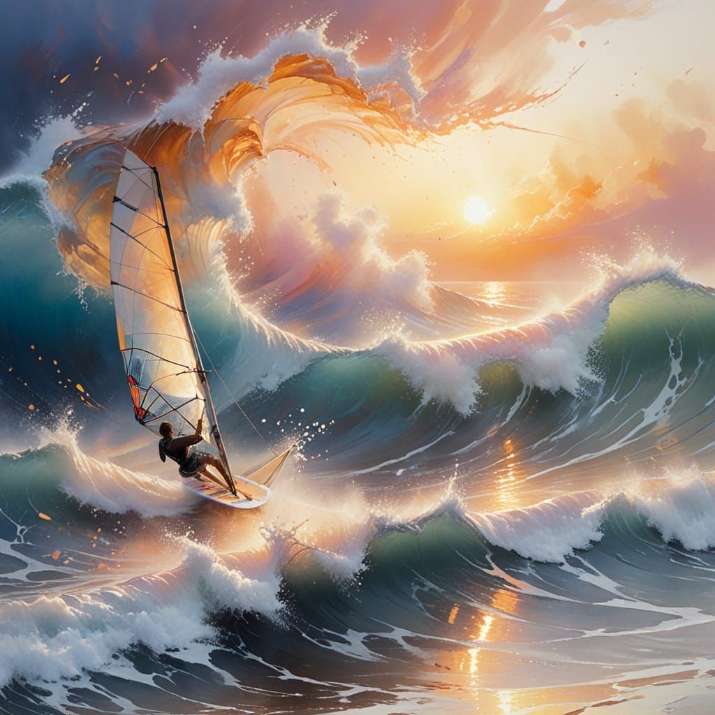 Windsurfer Silhouetted at Sunset in Watercolor Style