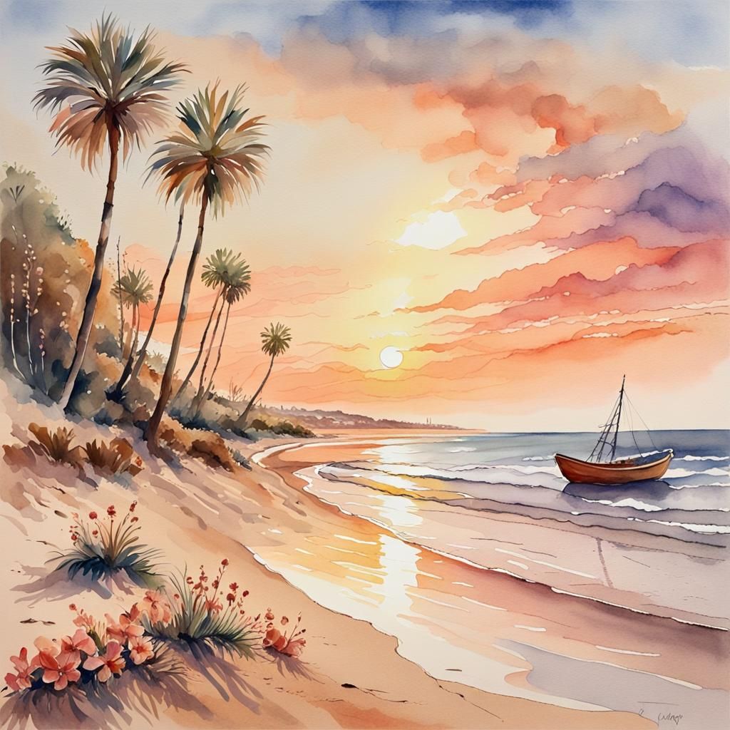 Beach Sunset in Huelva: Watercolor Impressionist Painting