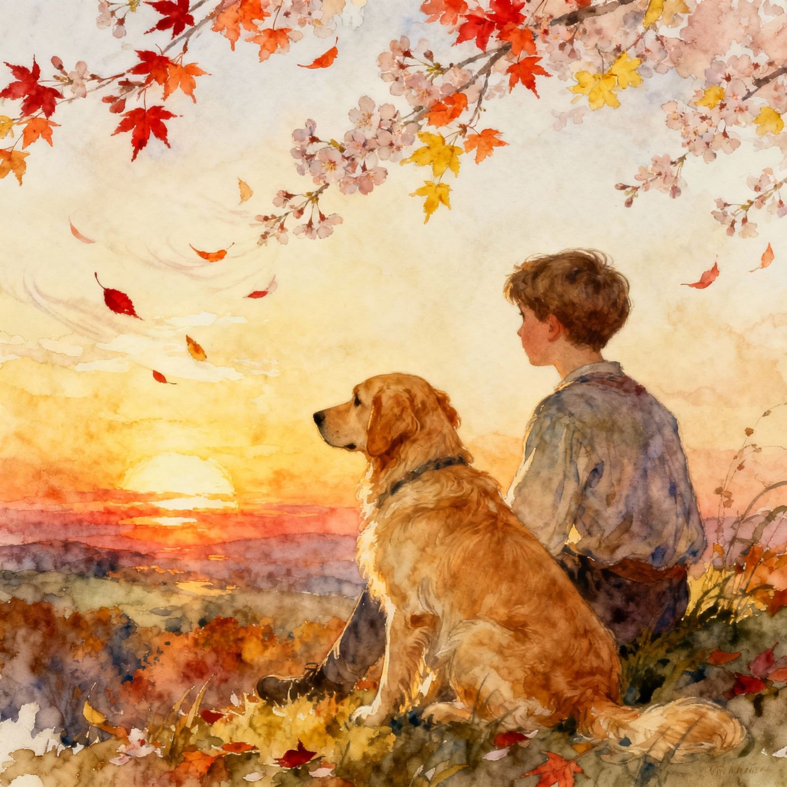 Boy and Golden Retriever Watch Autumn Sunset in Watercolor S...