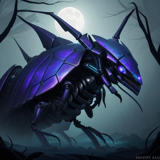 Biomechanical Beetle Emerges at Night: Digital Illustration