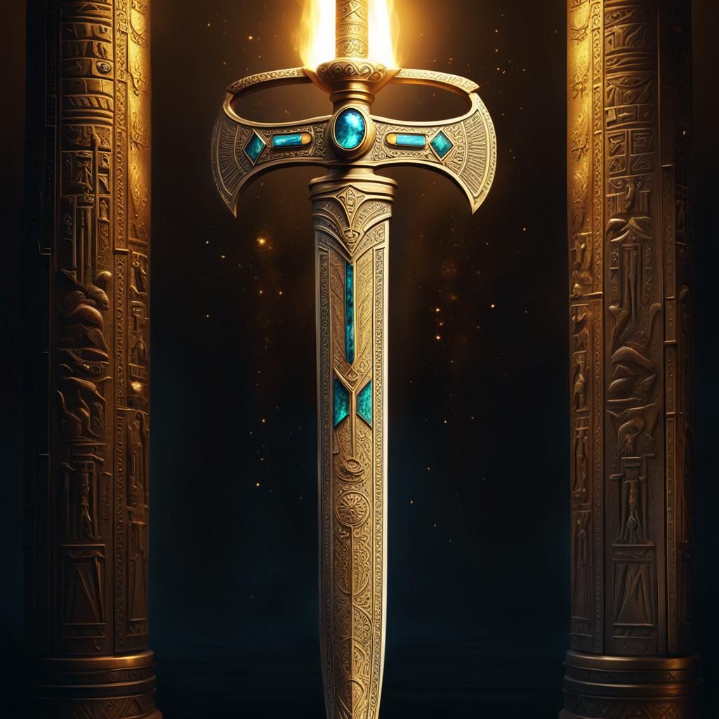An ornate, golden ancient Egyptian sword
