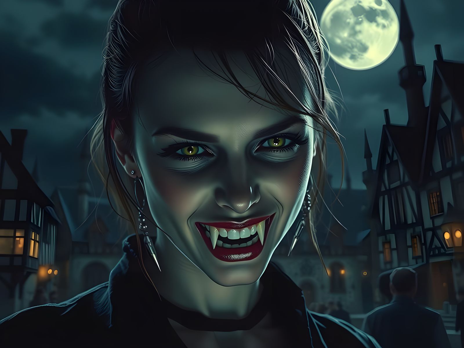 Young Vampire Woman in Moonlight, Hyperrealistic Film Noir