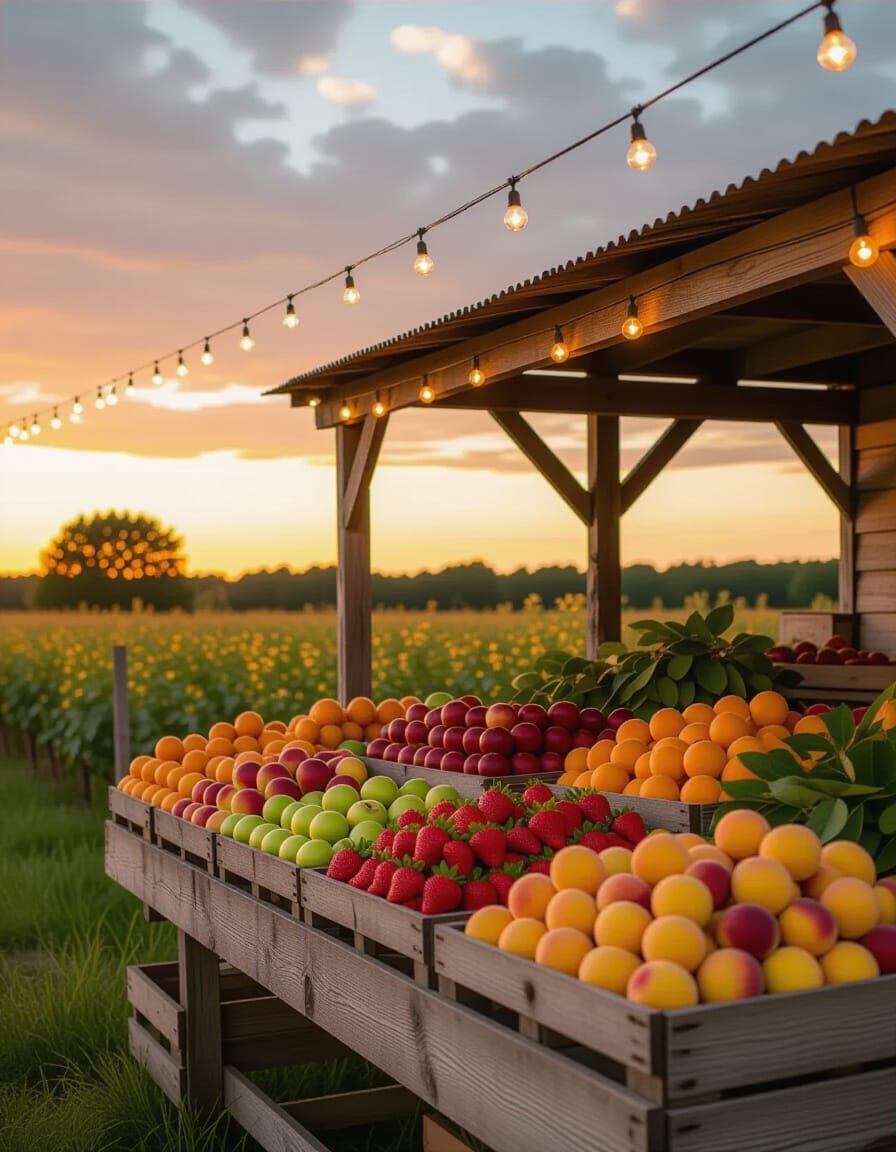 Rustic Farmstand at Sunset in Cinematic Style
