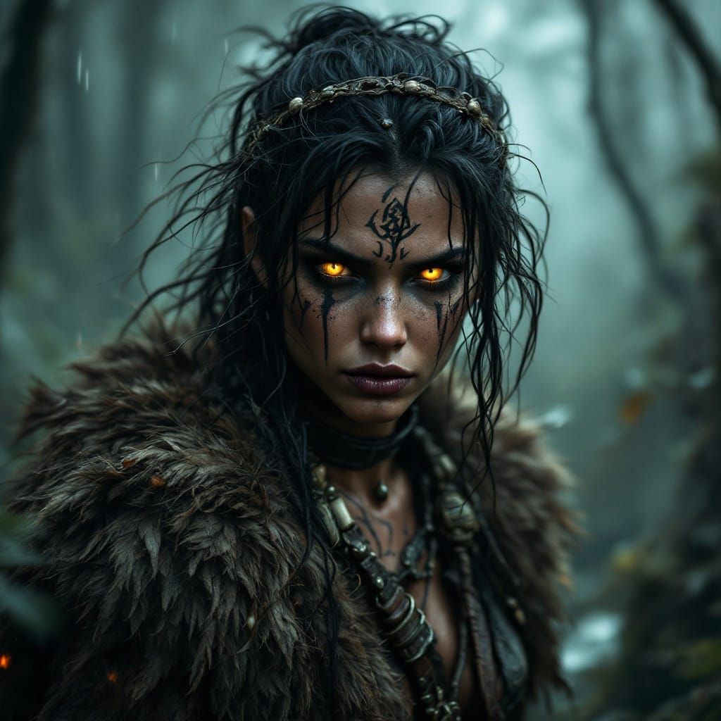 Fierce Huntress of the Forgotten Wilds in Tribal War Paint