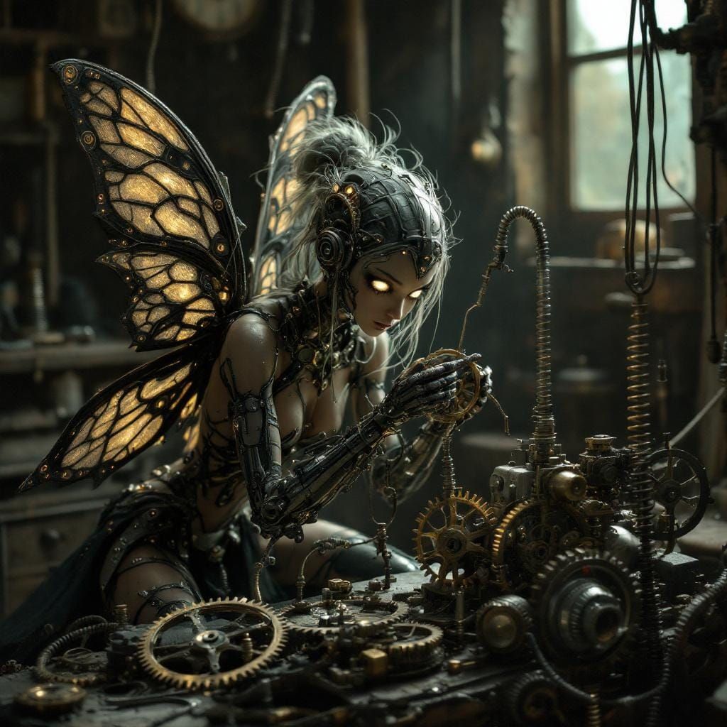 Steampunk Mechanic Fairy Repairs Clockwork Mechanism