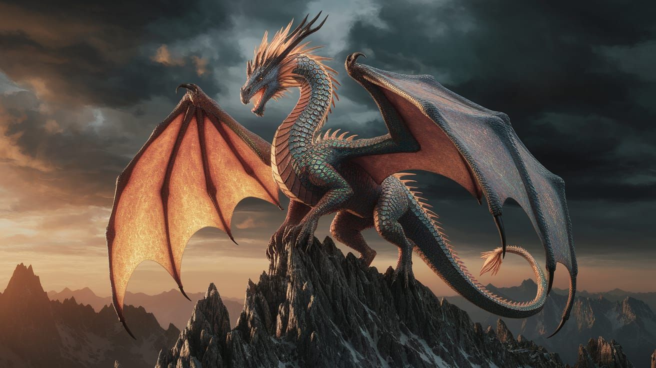 Majestic Dragon with Crown on Mountain Peak