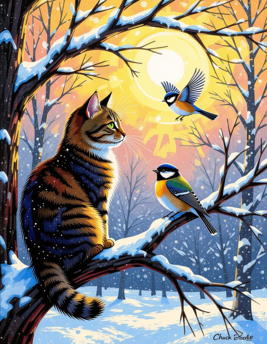 Kinetic Pointillism Cat Watches Bird on Branch