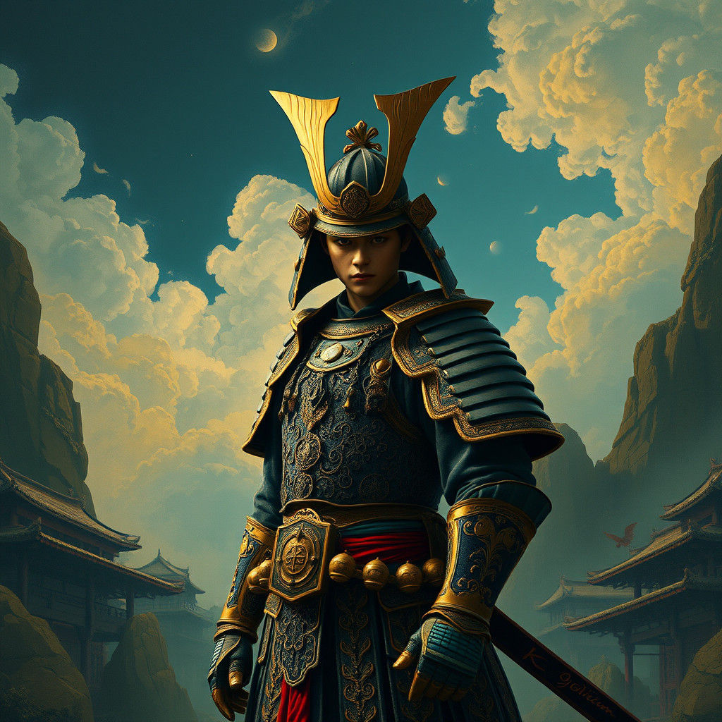 Samurai in Mystical Landscape as Detailed Etching