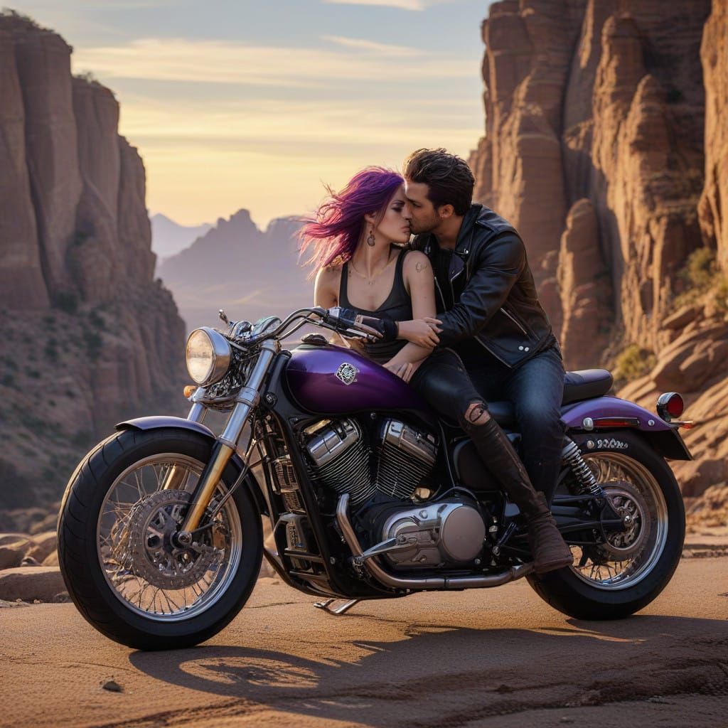 Dark Fantasy Motorcycle Couple Embrace on Cliff's Edge
