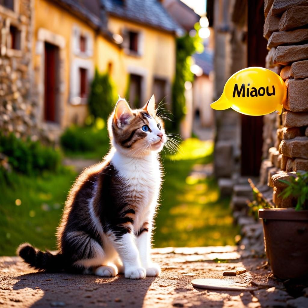 Adorable Kitten in French Village Scene