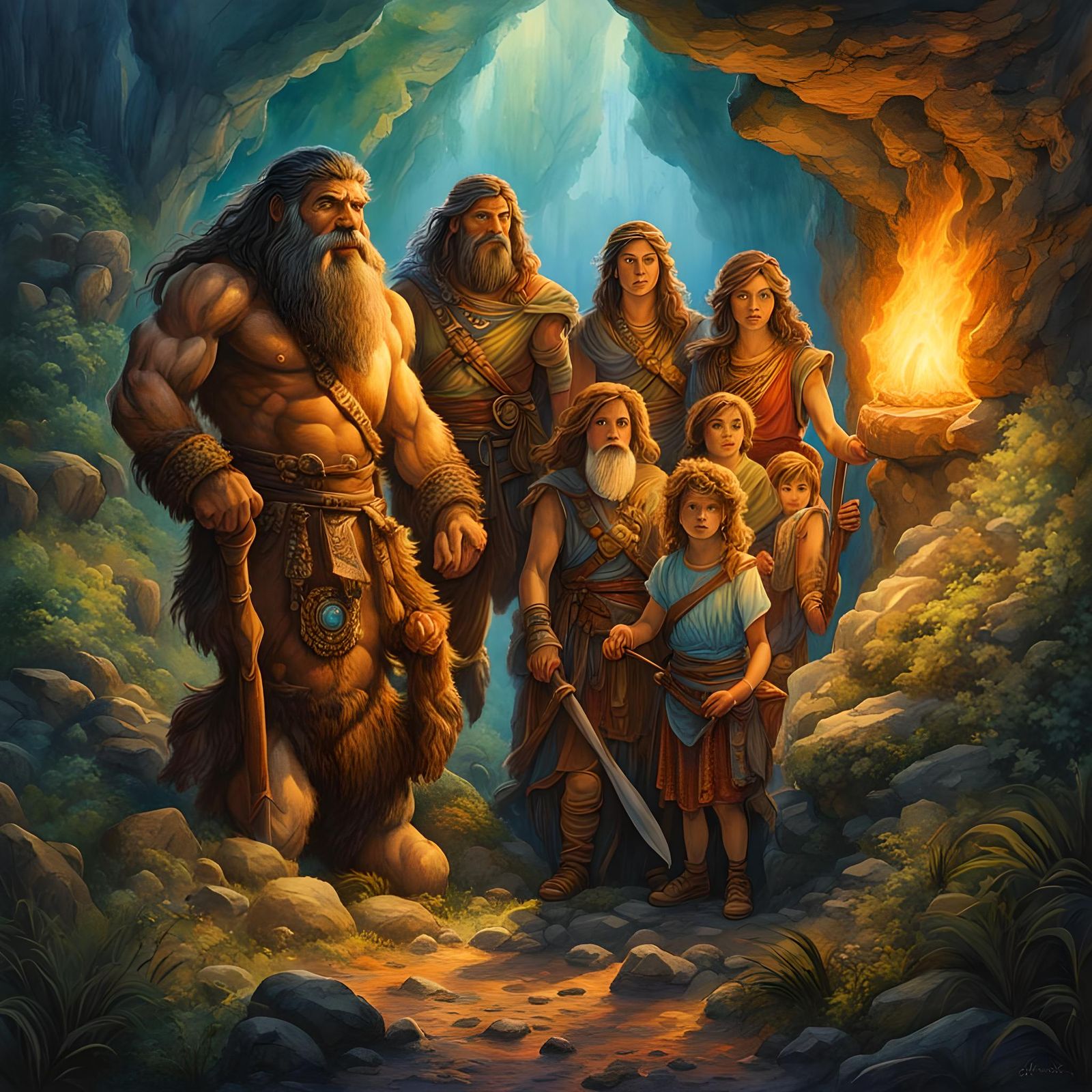 Detailed Caveman Family: Watercolor and Ink Illustration