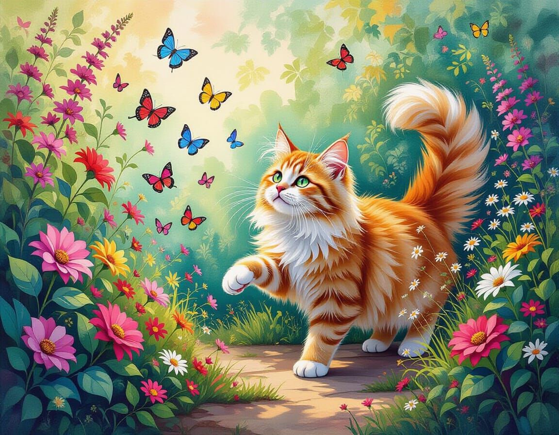 Ginger Cat Chasing Butterflies in Watercolor Garden
