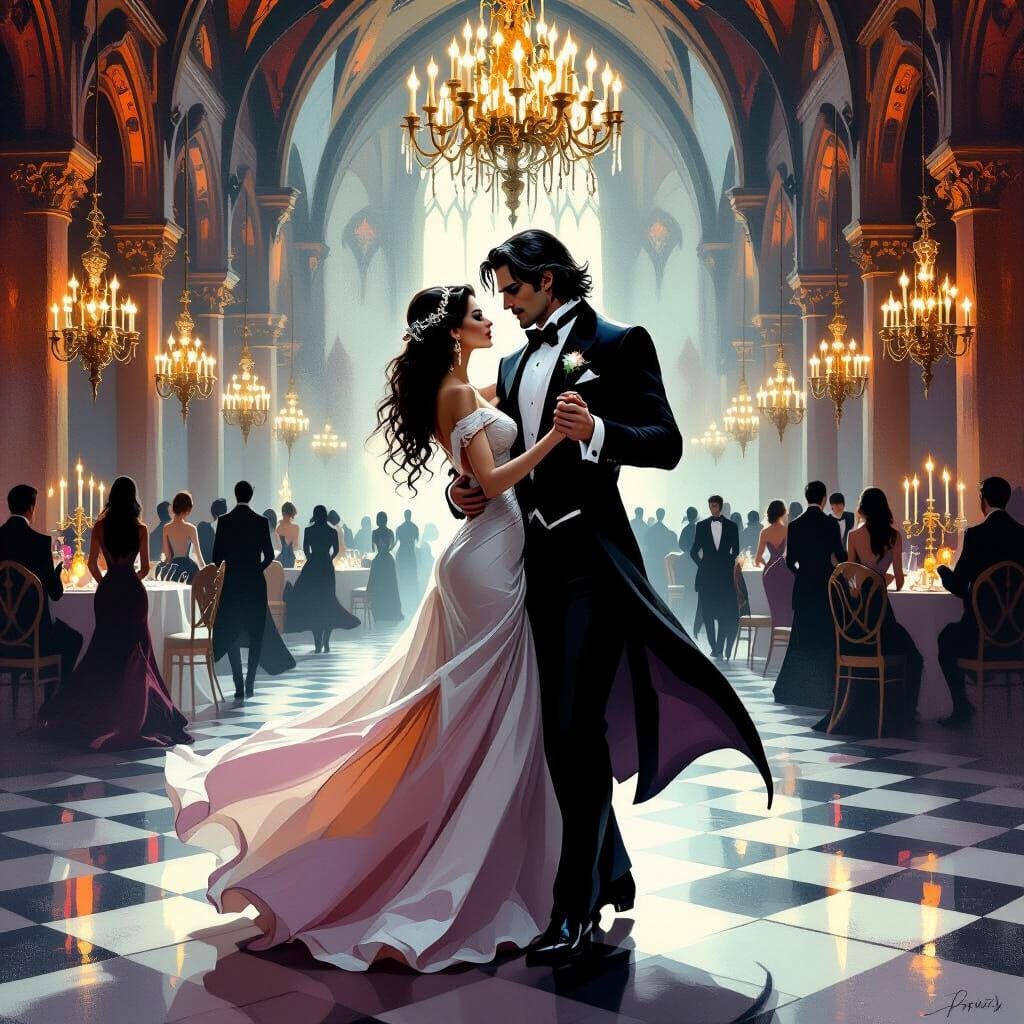 Vampire Couple Dancing in Gothic Ballroom, Dramatic Lighting