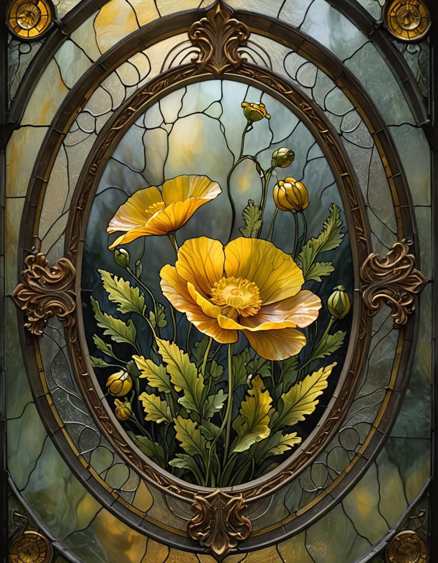 Poppy in Stained Glass Oval Frame