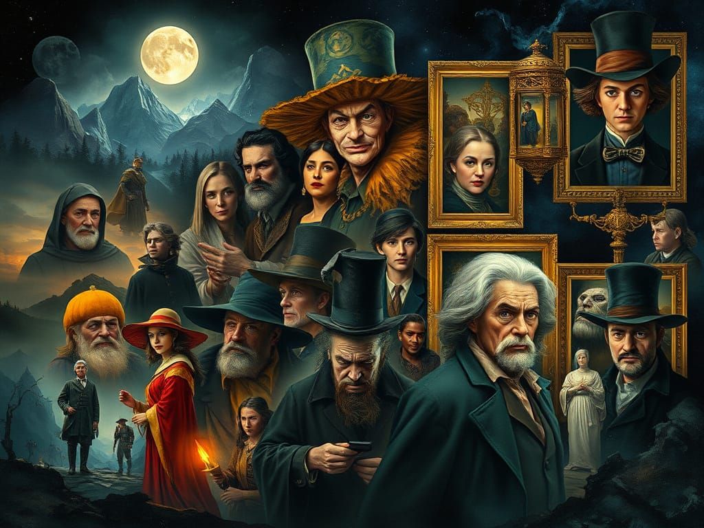 Dreamlike Collage of Characters in Moonlit Realm