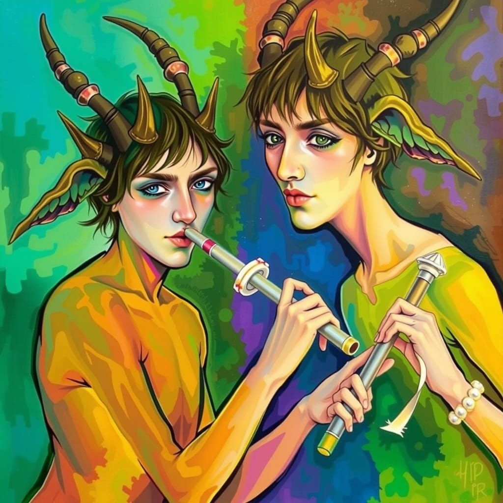 Green Fauns Play Flutes in Psychedelic 60s Art