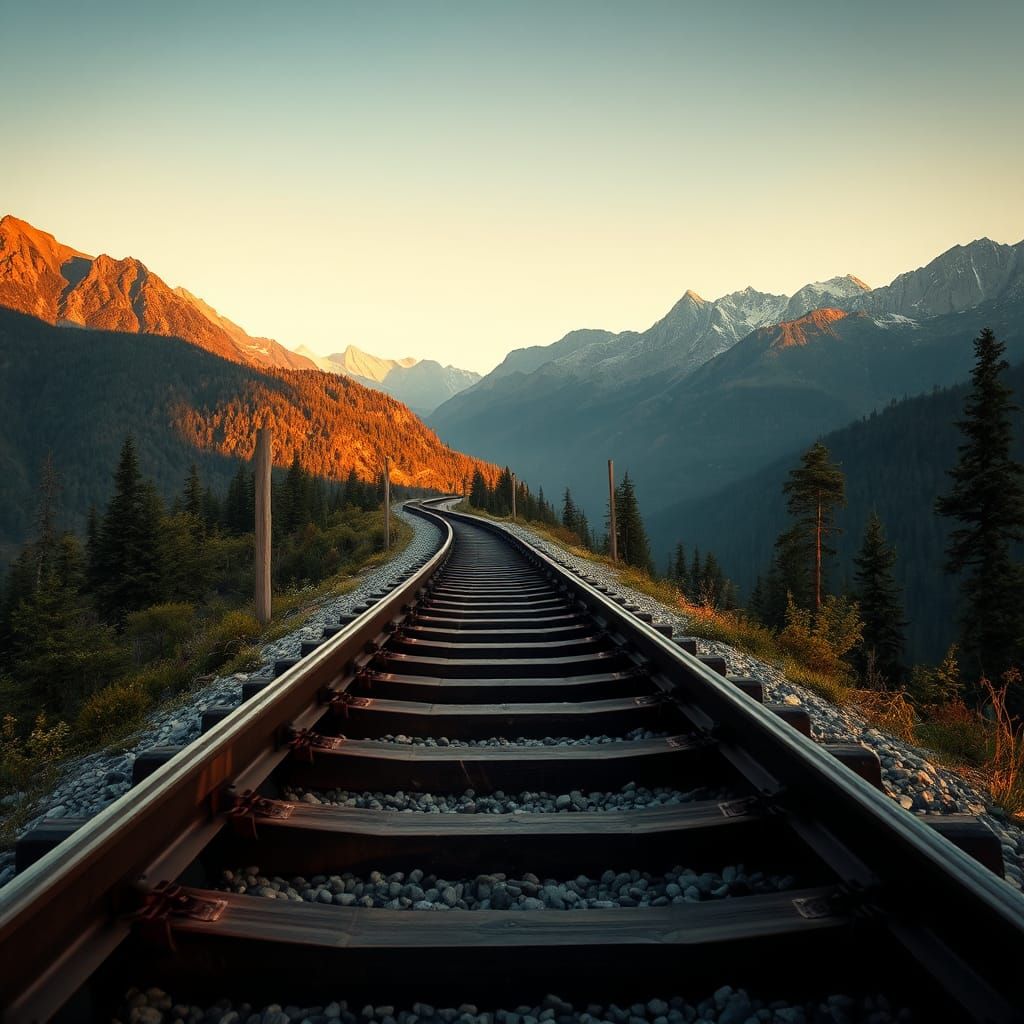 Cinematic Mountain Train Track in Hyperrealism Style
