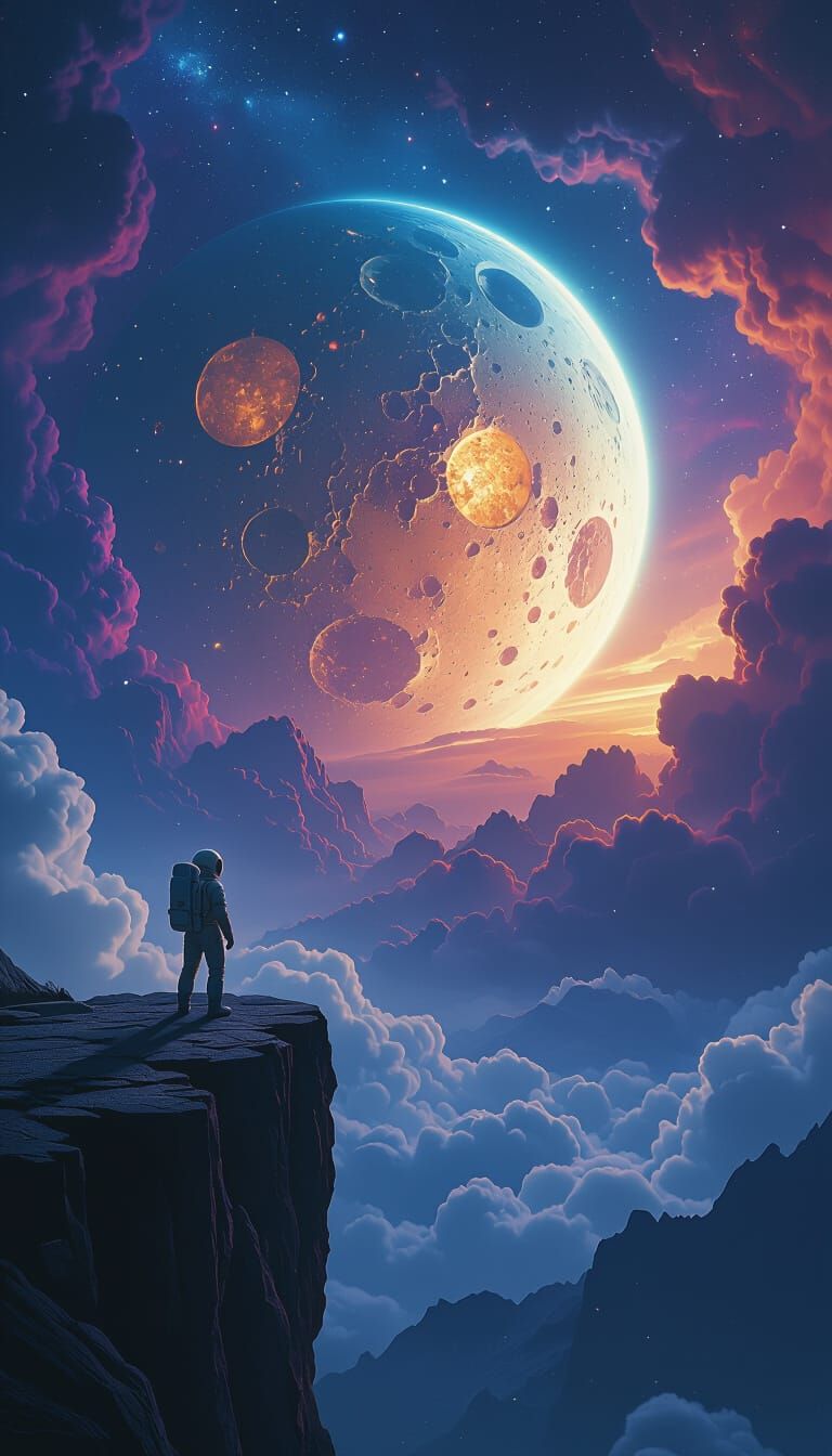 Astronaut Gazing at Luminous Planet in Galaxy