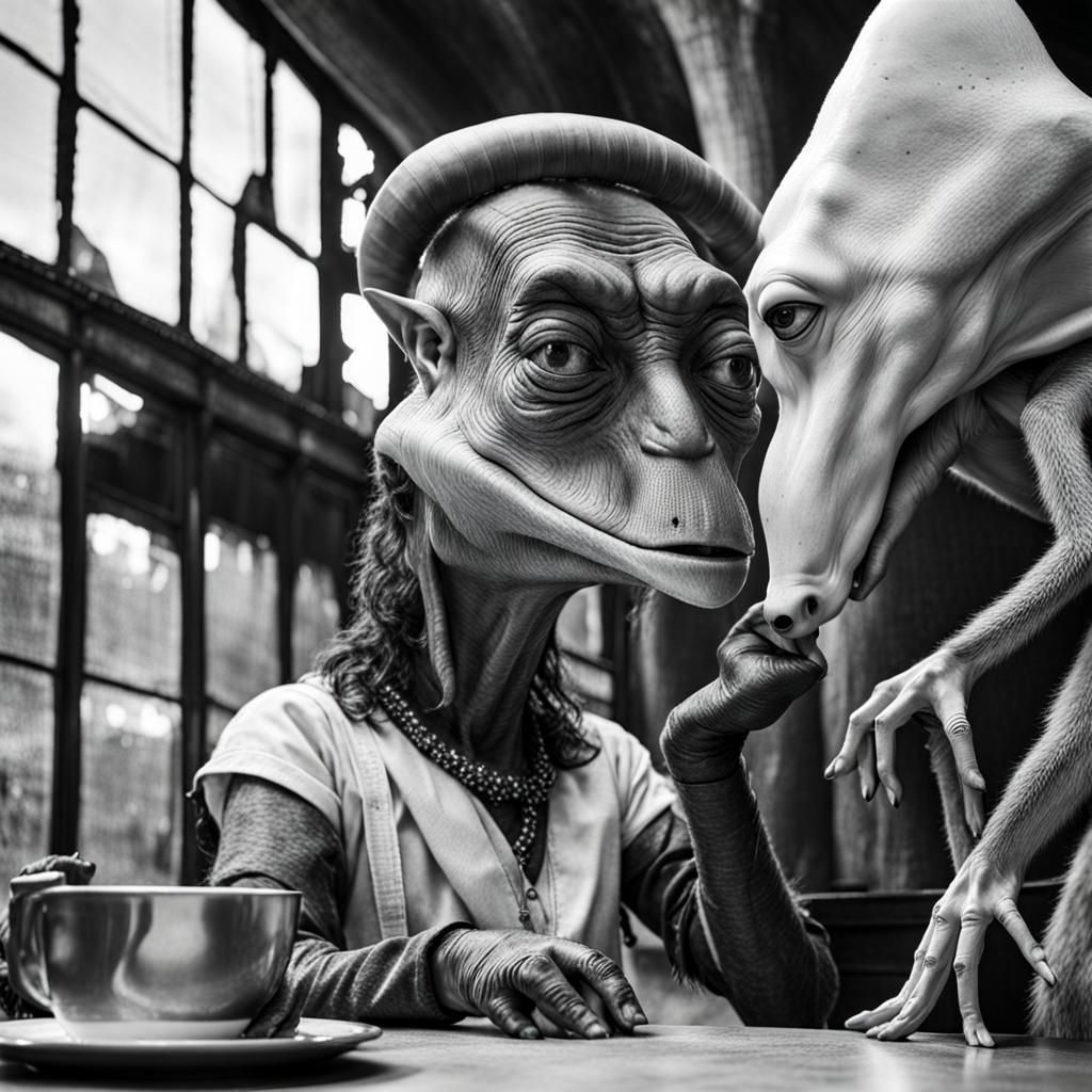 Exotic Aliens Celebrate in Surreal Restaurant: Hyperreal Pai...