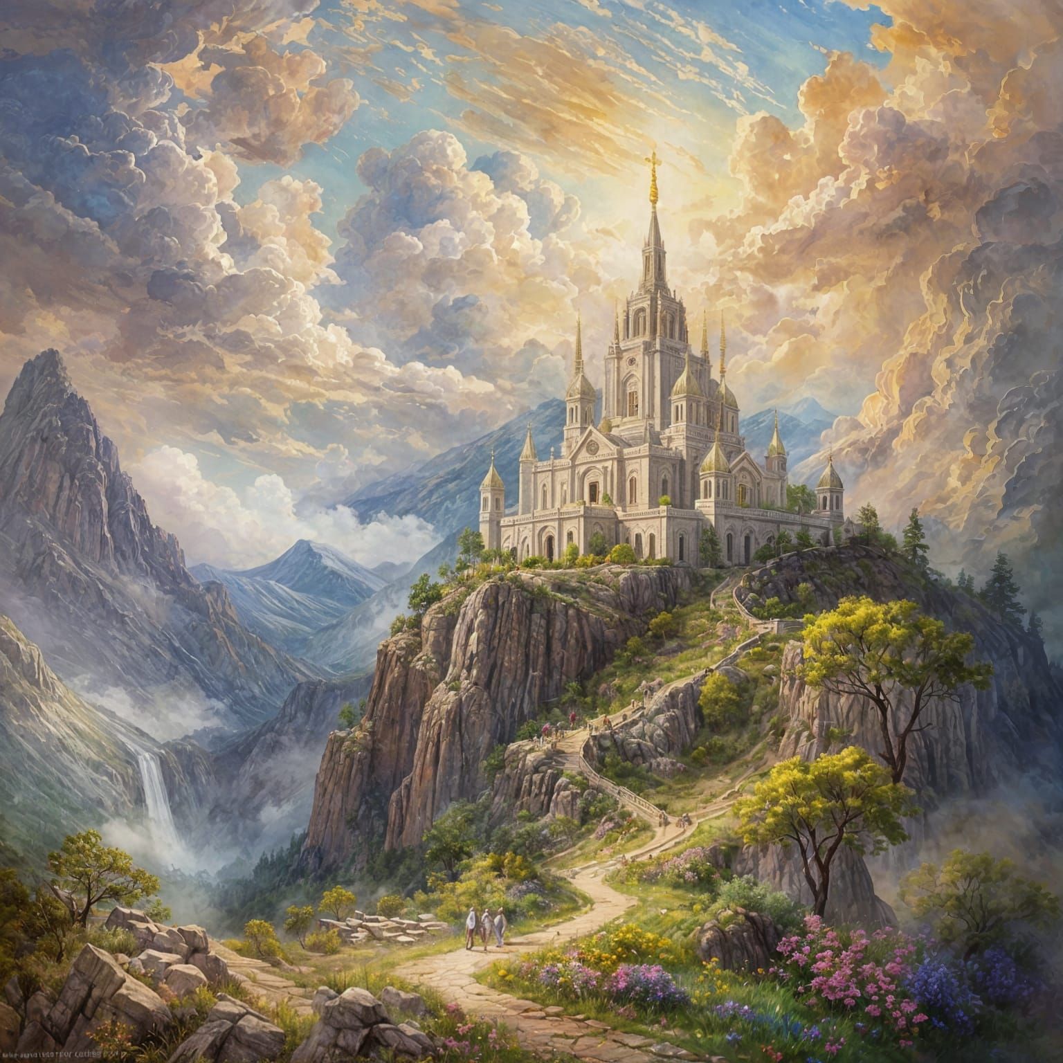 Mountain Temple with Angels in Gouache Style