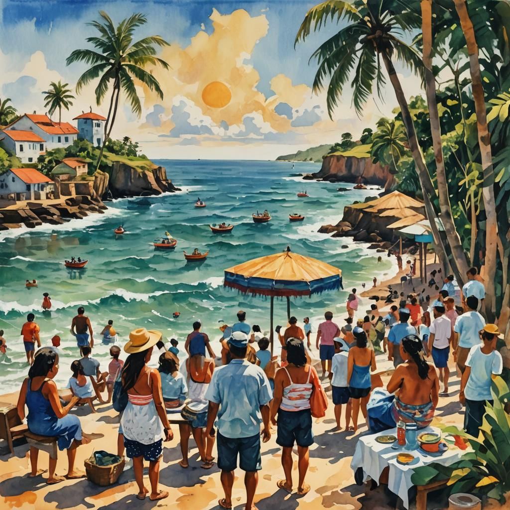Itapuã Beach Scene in Gouache Style