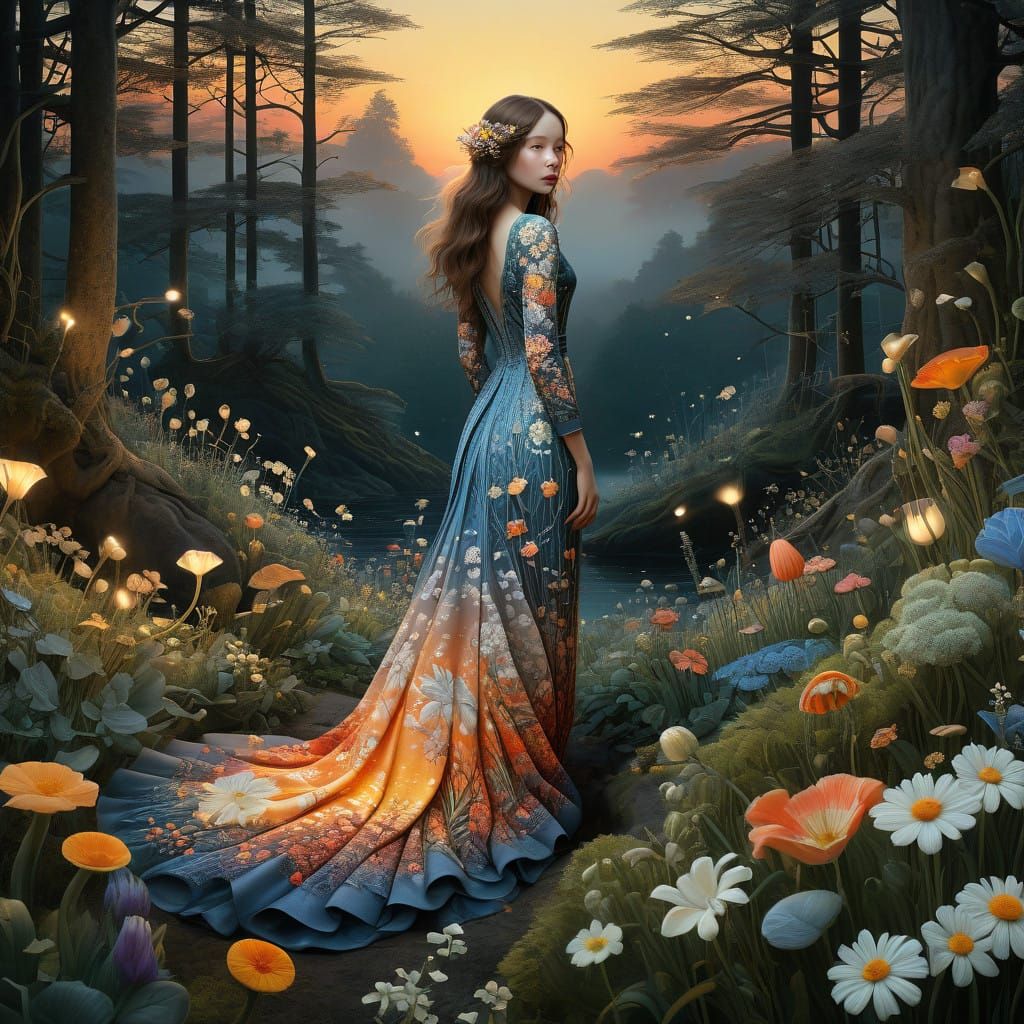 Ethereal Sunset Goddess in Whimsical Floral Realm