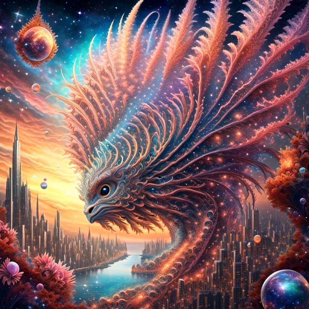 Fiery Dragon-Lionfish in Futuristic Landscape