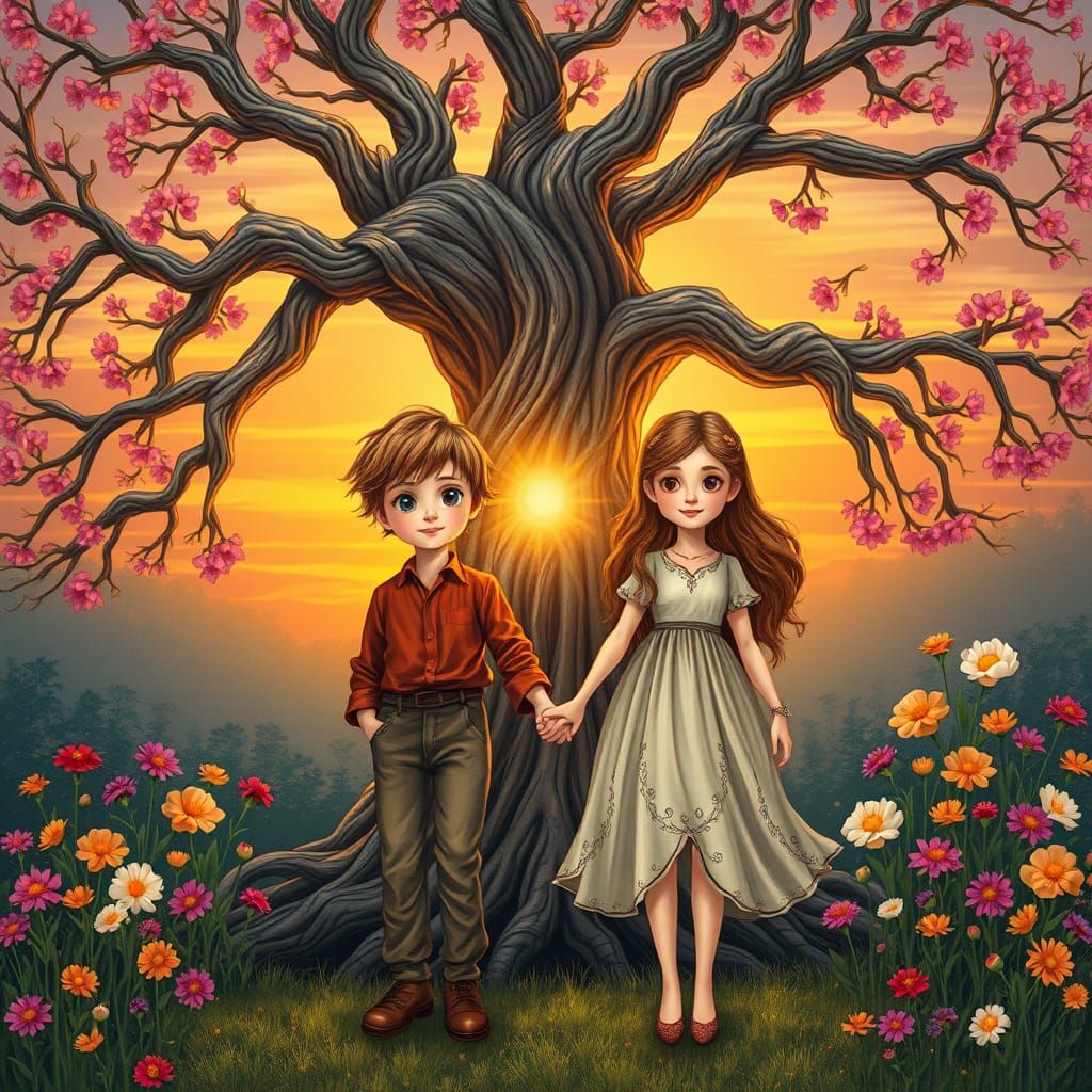 Whimsical Brown-Haired Lovers Stand Before the Majestic Tree...
