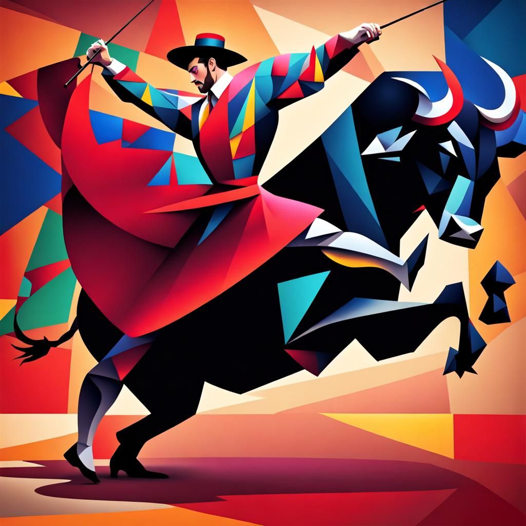 Dynamic spanish torero hitting  black longhorned Bull with his epee in bloody bullfight  cubism in the style of Georgy K...