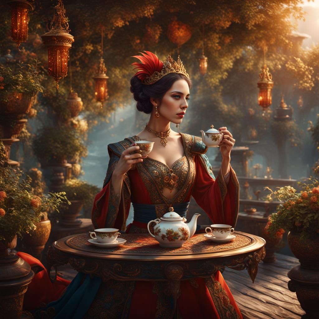 Beautiful Woman Drinking Tea in Detailed Digital Painting