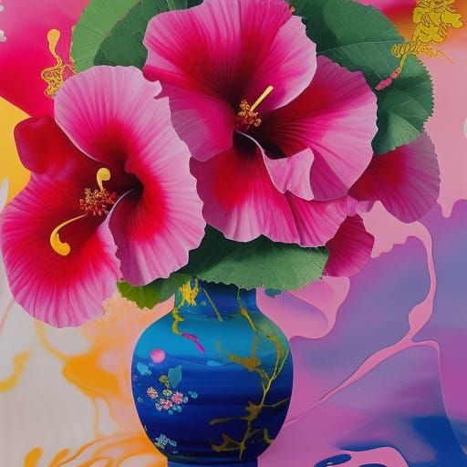 Chinese Hibiscus in Vase with Marbling Effect