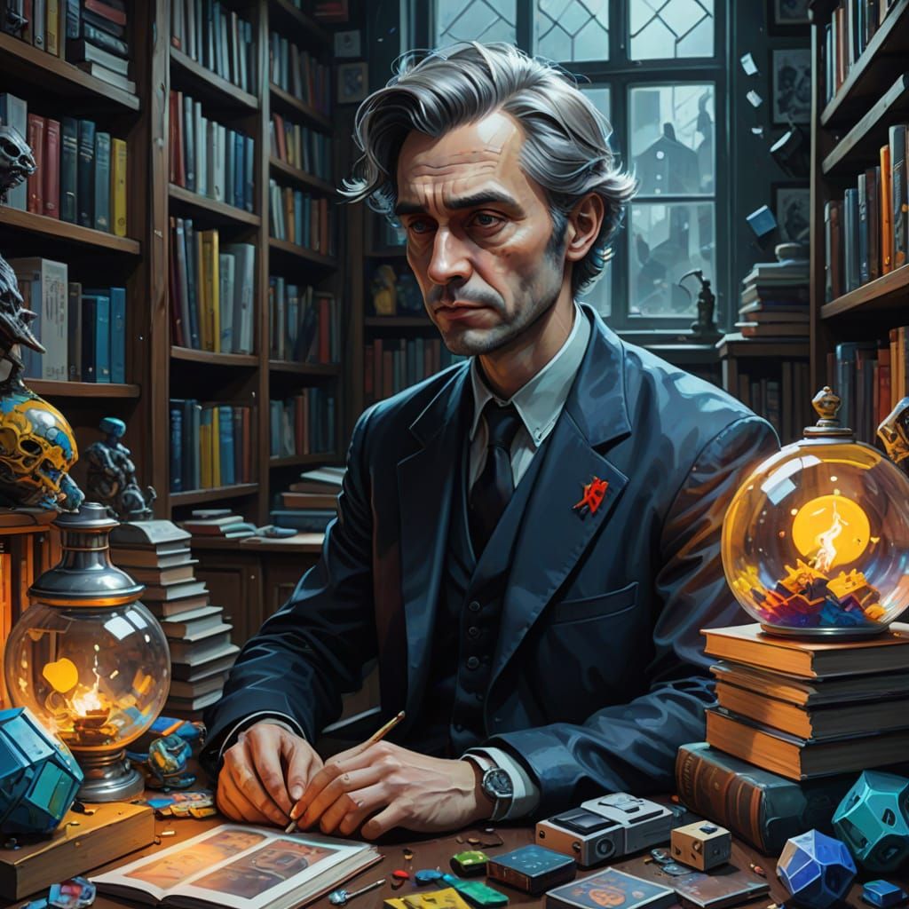 Surrealist Russian Academic in a Vibrant Library Scene