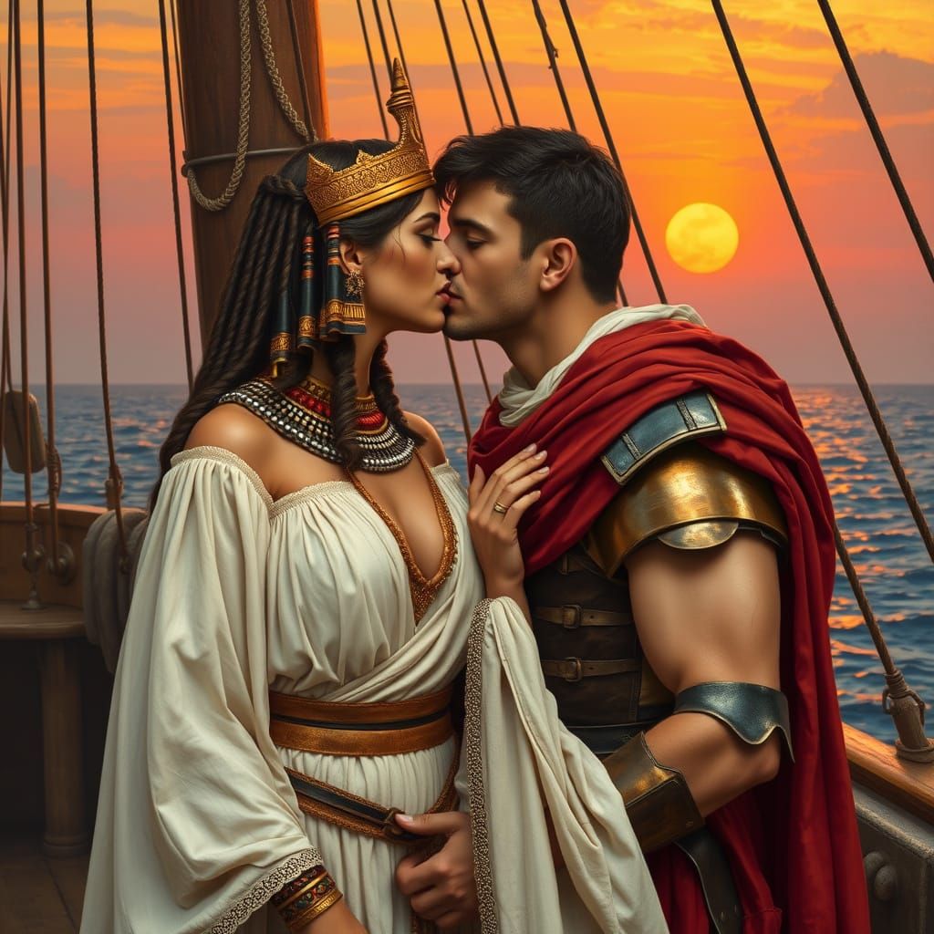 Egyptian Queen Kisses Roman Soldier Husband Under Sunset