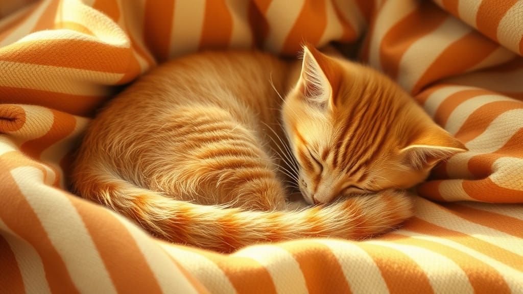 Ginger Cat Blends into Warm Striped Blanket in Impressionist...