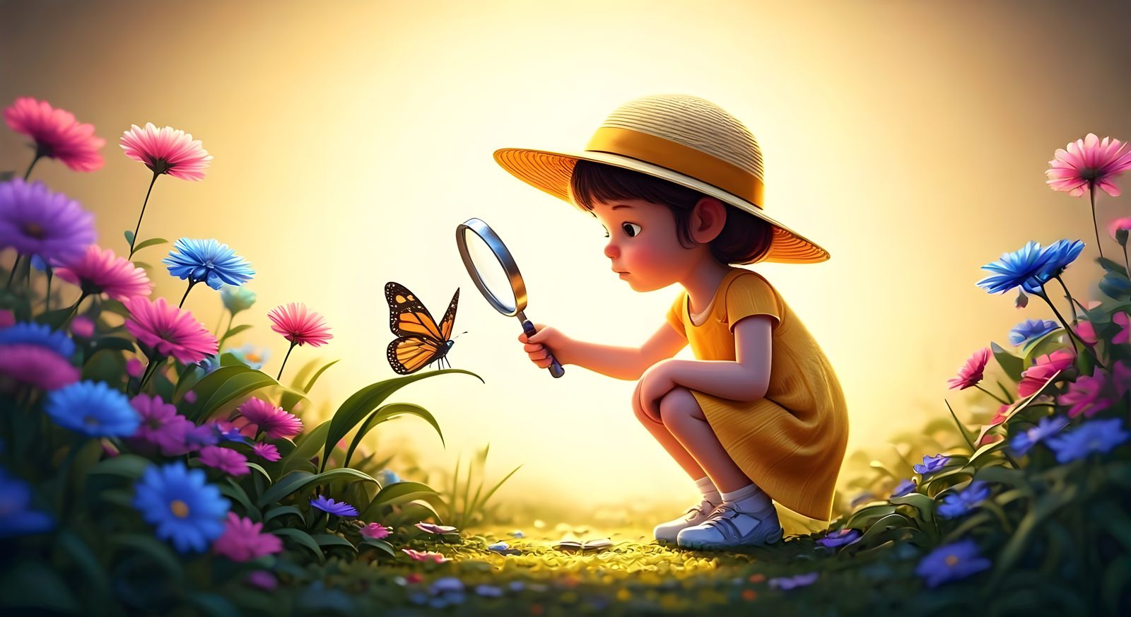 Child and Butterfly in Colorful Garden: Pixar-Style 3D Art