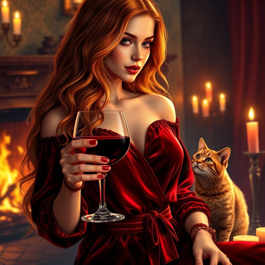Elegant Ginger Woman Savoring a Glass of Red Wine