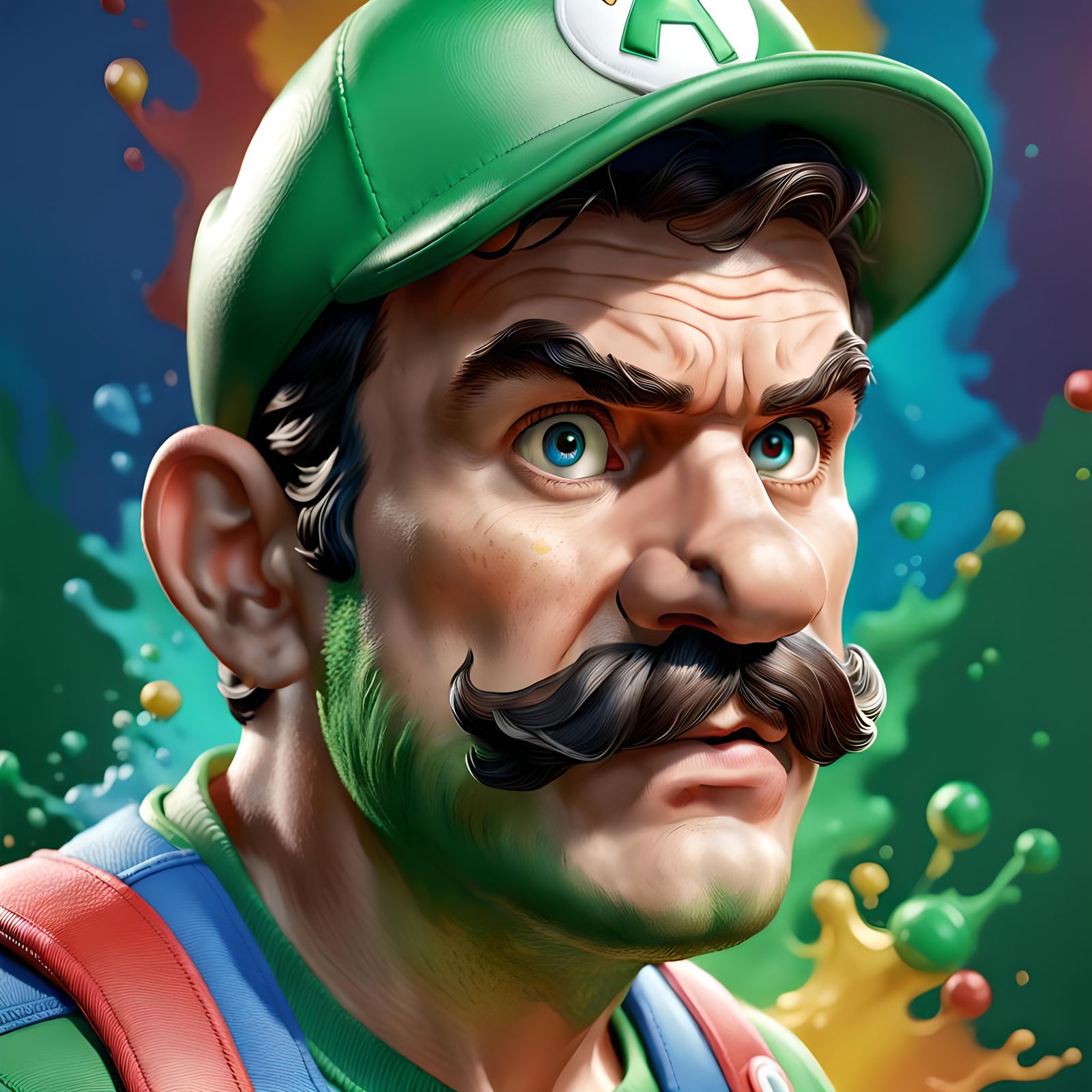 Hyperrealistic Luigi Mario Splash Art Portrait