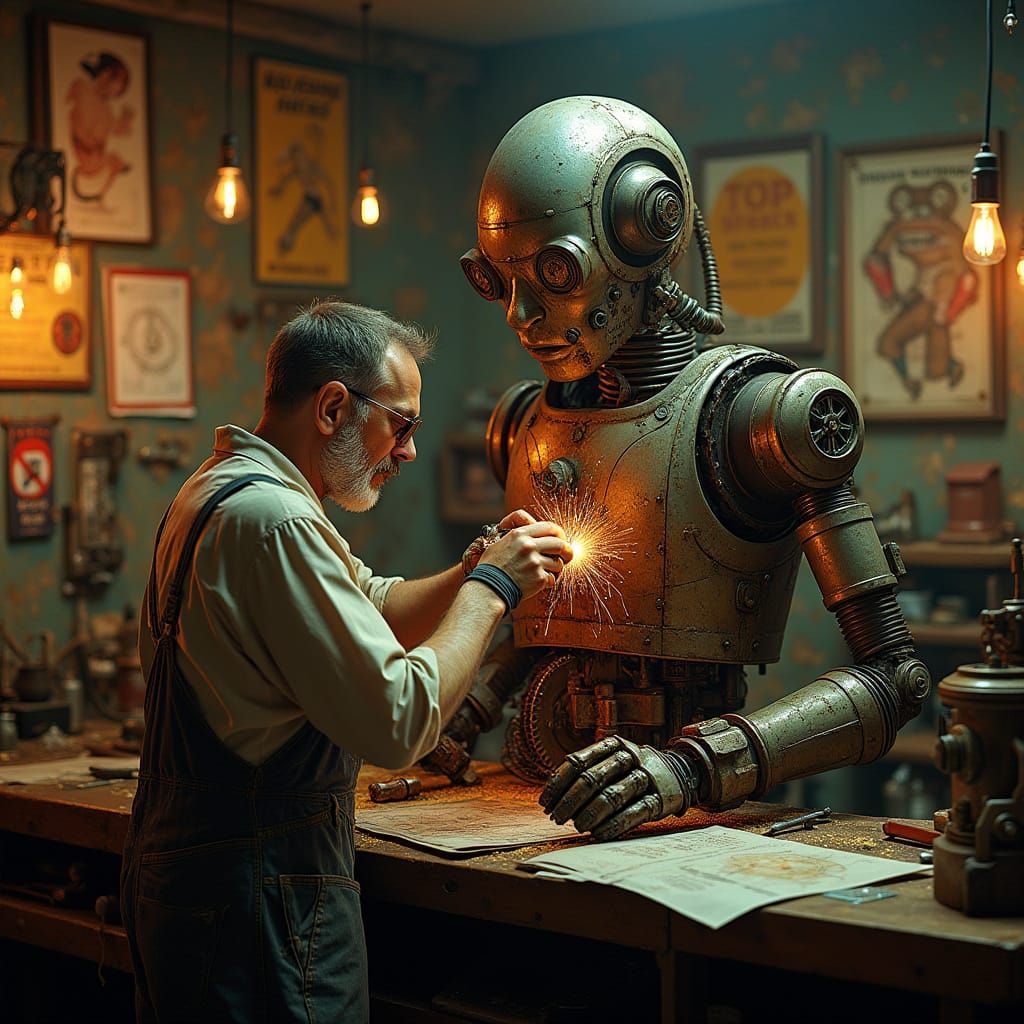 Steampunk Mechanic Repairs Robot in Retro Workshop