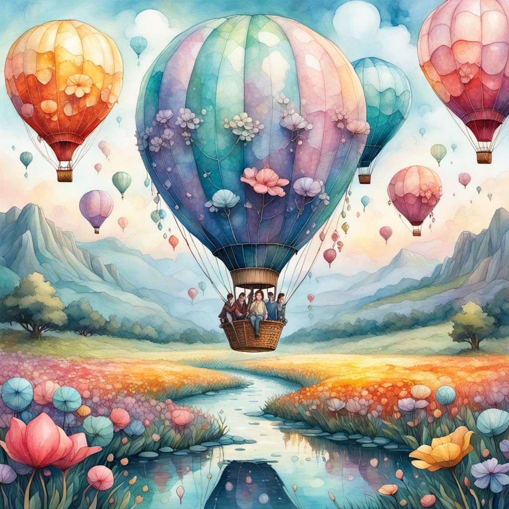 Hot Air Balloon over Enchanted Flower Field in Pastel Art