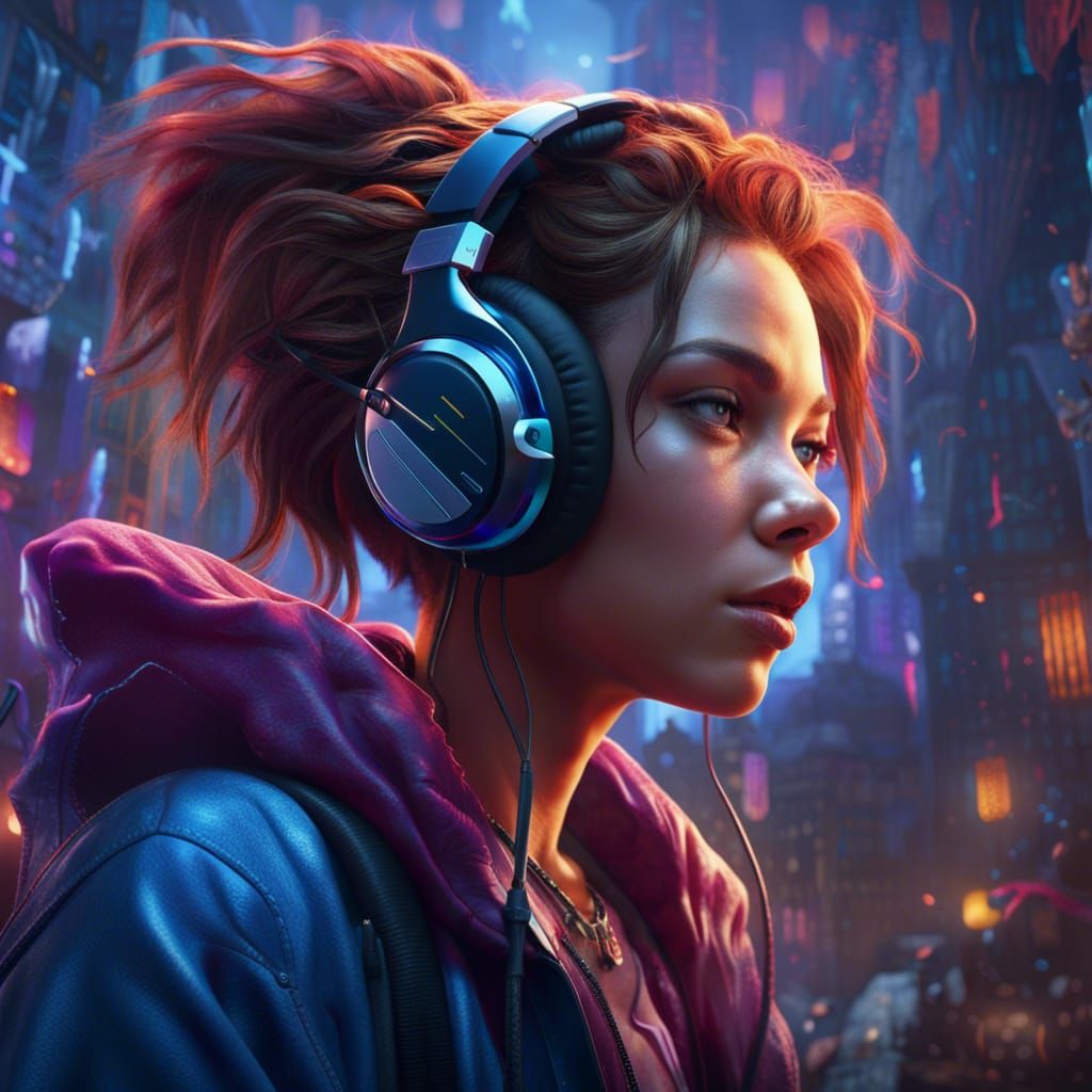 Girl with Headphones: Detailed Fantasy Art