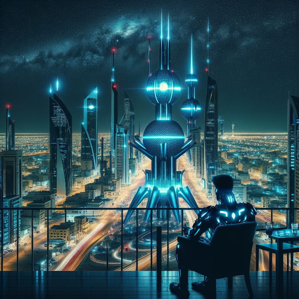 Futuristic Kuwait City at Night in Cybertron Style