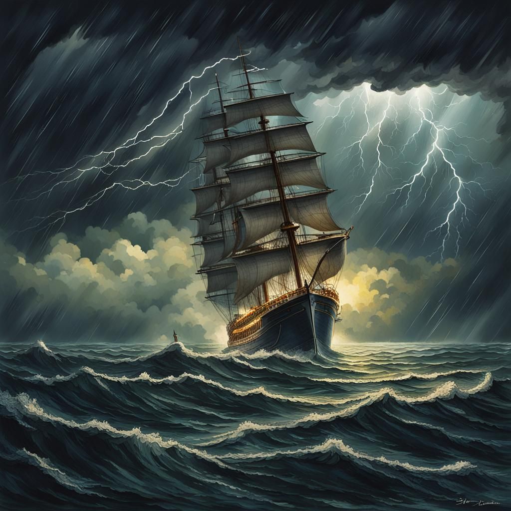 Ship Sailing Under Thunderstorms
