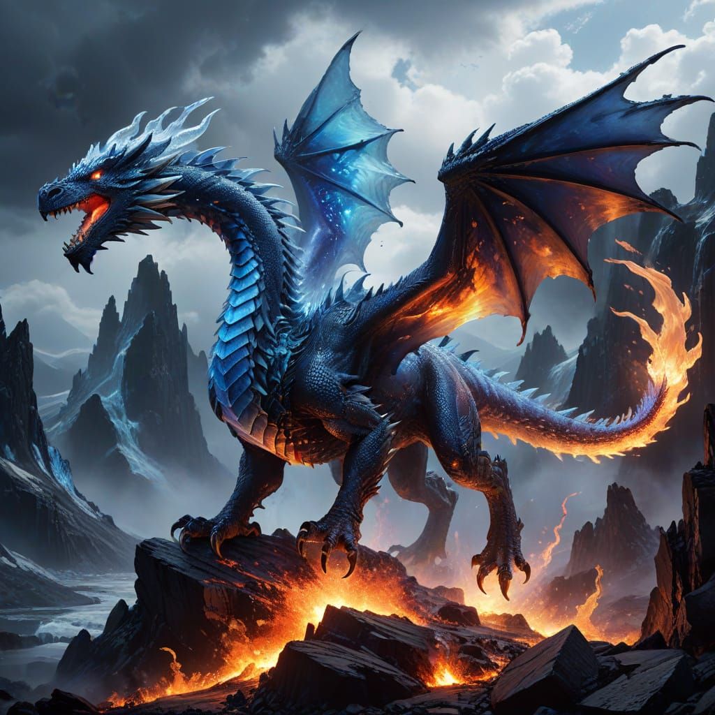 Ice Dragon Fights Lava Phoenix Over Volcanic Ice Landscape