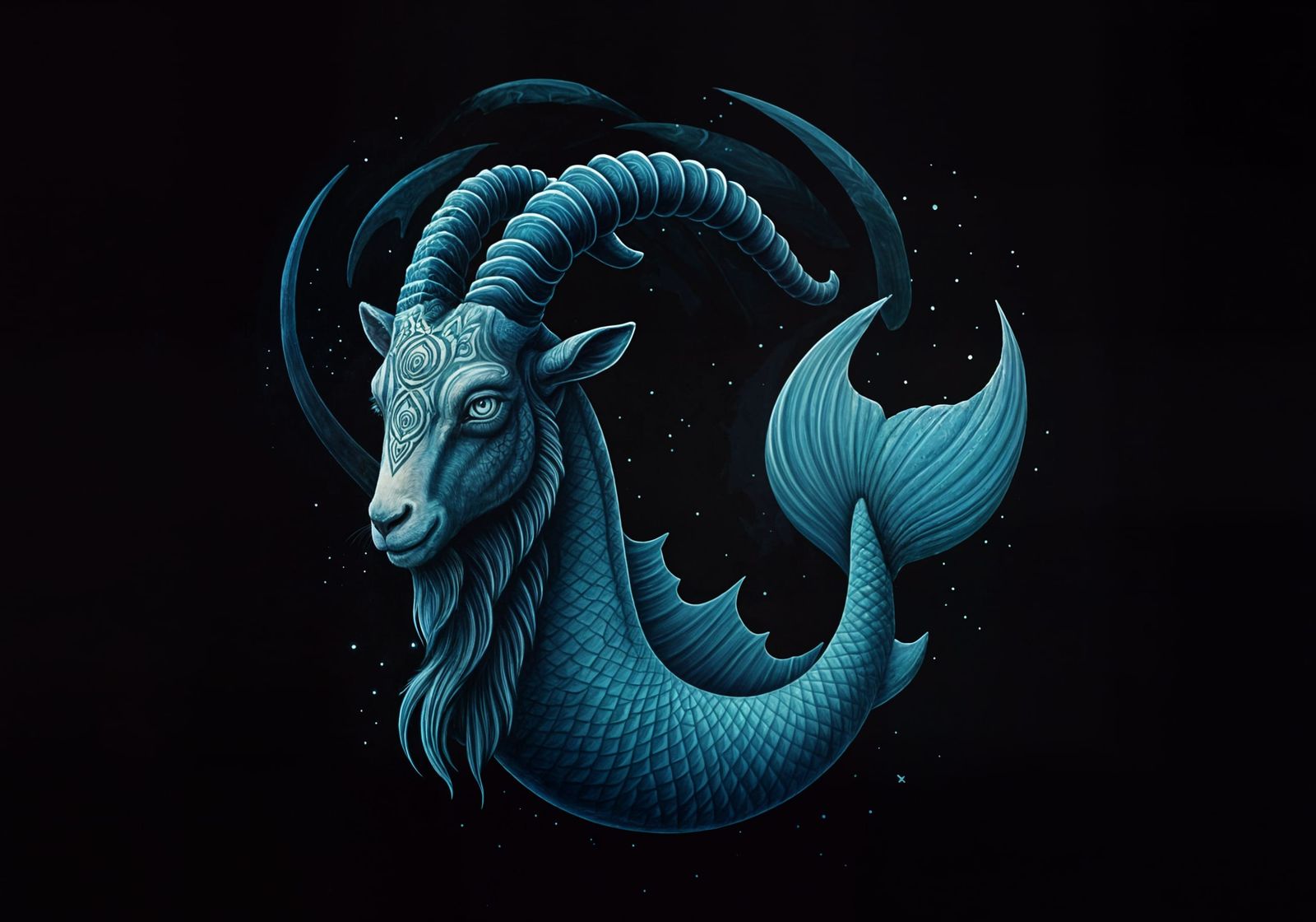 Mythical Goatfish Hybrid in Vibrant Blue Tattoo Style
